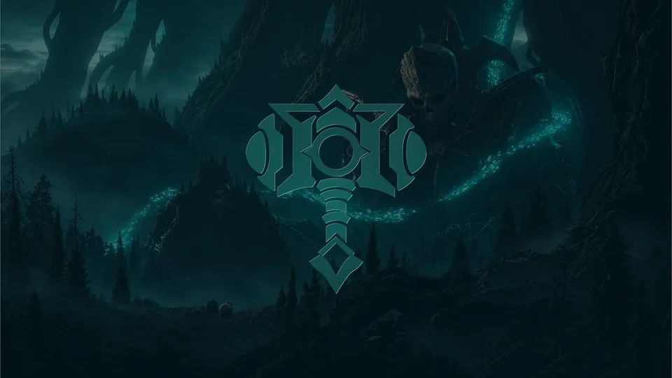 The landscape artwork with a glass-style hammer crest at the center.